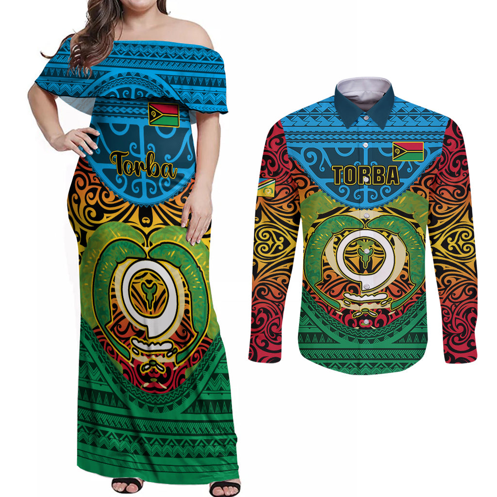Personalized Vanuatu Torba Province Couples Matching Off Shoulder Maxi Dress and Long Sleeve Button Shirts Vanuatuan Coat Of Arms Polynesian Pattern LT05 Green - Polynesian Pride