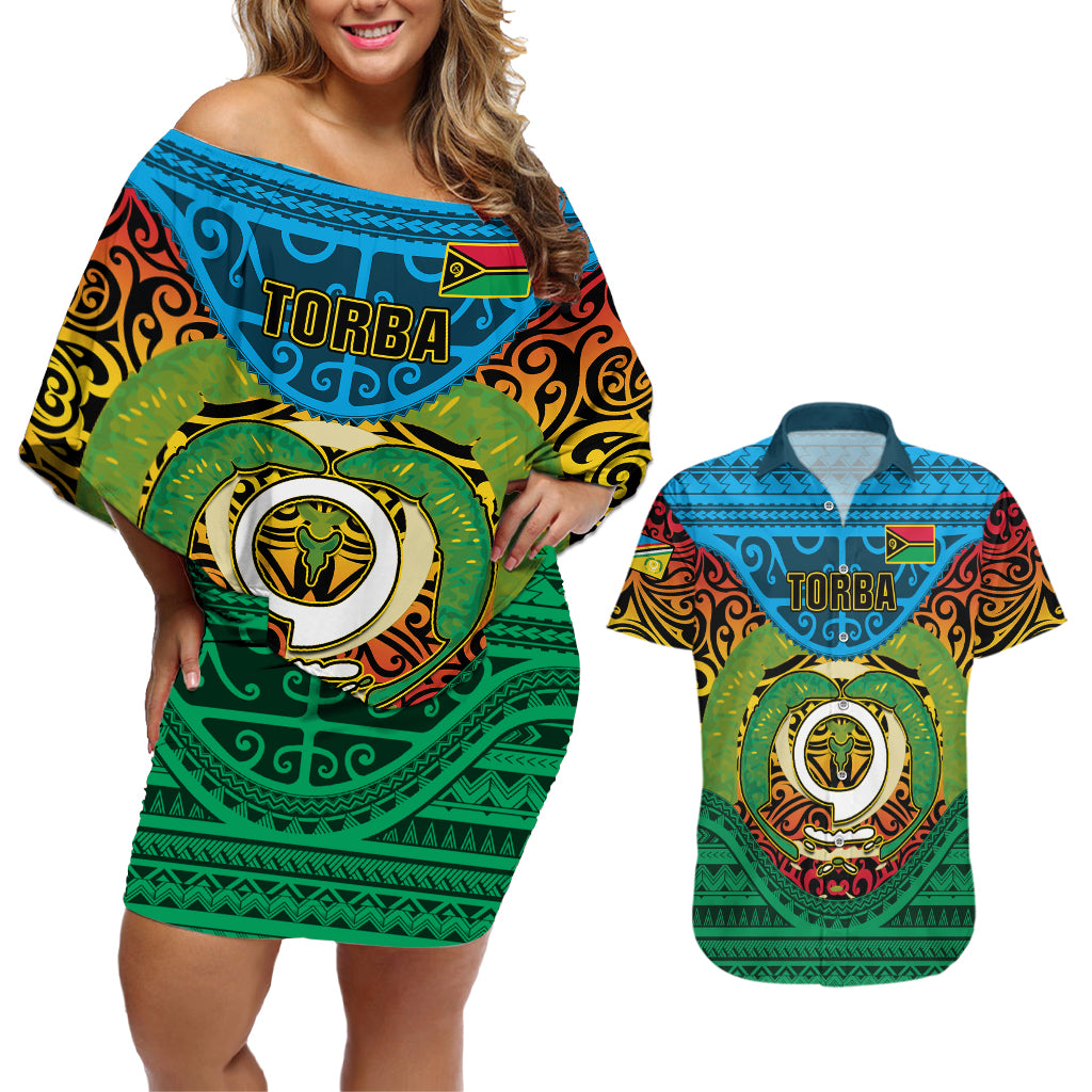 Personalized Vanuatu Torba Province Couples Matching Off Shoulder Short Dress and Hawaiian Shirt Vanuatuan Coat Of Arms Polynesian Pattern LT05 Green - Polynesian Pride