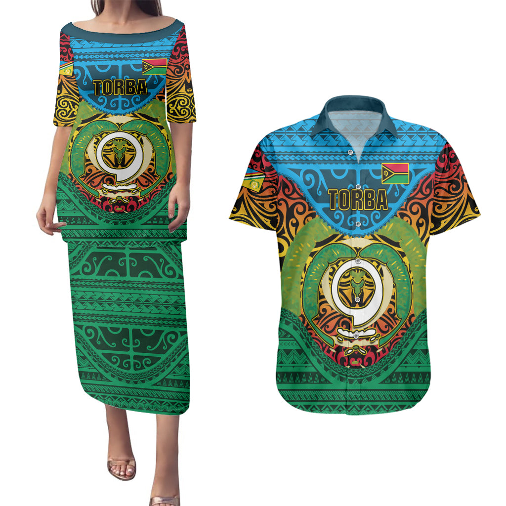 Personalized Vanuatu Torba Province Couples Matching Puletasi Dress and Hawaiian Shirt Vanuatuan Coat Of Arms Polynesian Pattern LT05 Green - Polynesian Pride
