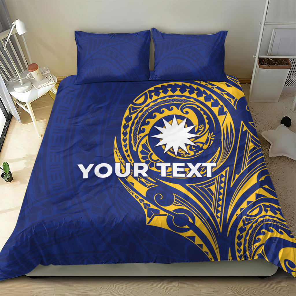 Personalised Nauru Angam Day Bedding Set Gold Navy Tribal Pattern