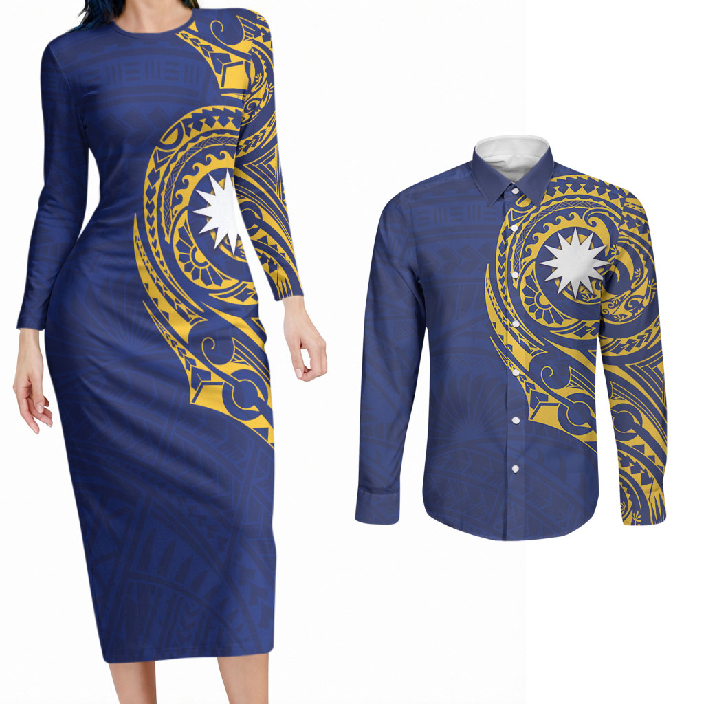 Personalised Nauru Angam Day Couples Matching Long Sleeve Bodycon Dress and Long Sleeve Button Shirt Gold Navy Tribal Pattern LT05 Blue - Polynesian Pride