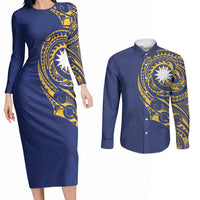 Personalised Nauru Angam Day Couples Matching Long Sleeve Bodycon Dress and Long Sleeve Button Shirt Gold Navy Tribal Pattern LT05 Blue - Polynesian Pride