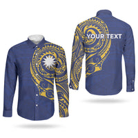 Personalised Nauru Angam Day Couples Matching Long Sleeve Bodycon Dress and Long Sleeve Button Shirt Gold Navy Tribal Pattern LT05 - Polynesian Pride