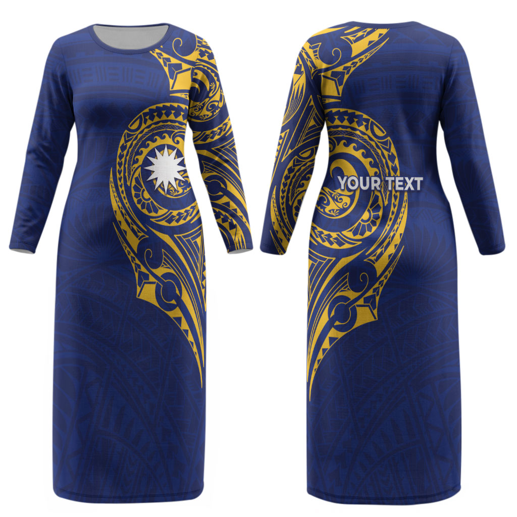 Personalised Nauru Angam Day Couples Matching Long Sleeve Bodycon Dress and Long Sleeve Button Shirt Gold Navy Tribal Pattern LT05 - Polynesian Pride