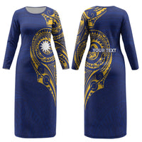 Personalised Nauru Angam Day Couples Matching Long Sleeve Bodycon Dress and Long Sleeve Button Shirt Gold Navy Tribal Pattern LT05 - Polynesian Pride