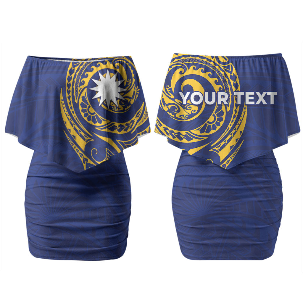 Personalised Nauru Angam Day Couples Matching Off Shoulder Short Dress and Hawaiian Shirt Gold Navy Tribal Pattern