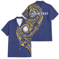 Personalised Nauru Angam Day Family Matching Off Shoulder Short Dress and Hawaiian Shirt Gold Navy Tribal Pattern LT05 Dad's Shirt - Short Sleeve Blue - Polynesian Pride