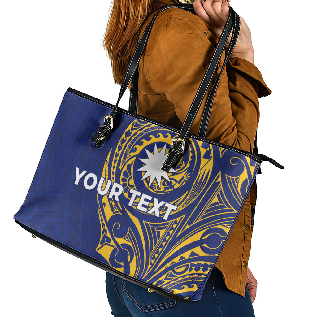Personalised Nauru Angam Day Leather Tote Bag Gold Navy Tribal Pattern