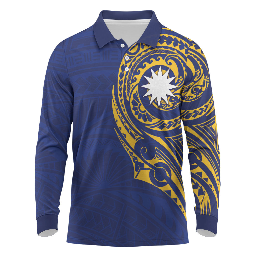 Personalised Nauru Angam Day Long Sleeve Polo Shirt Gold Navy Tribal Pattern