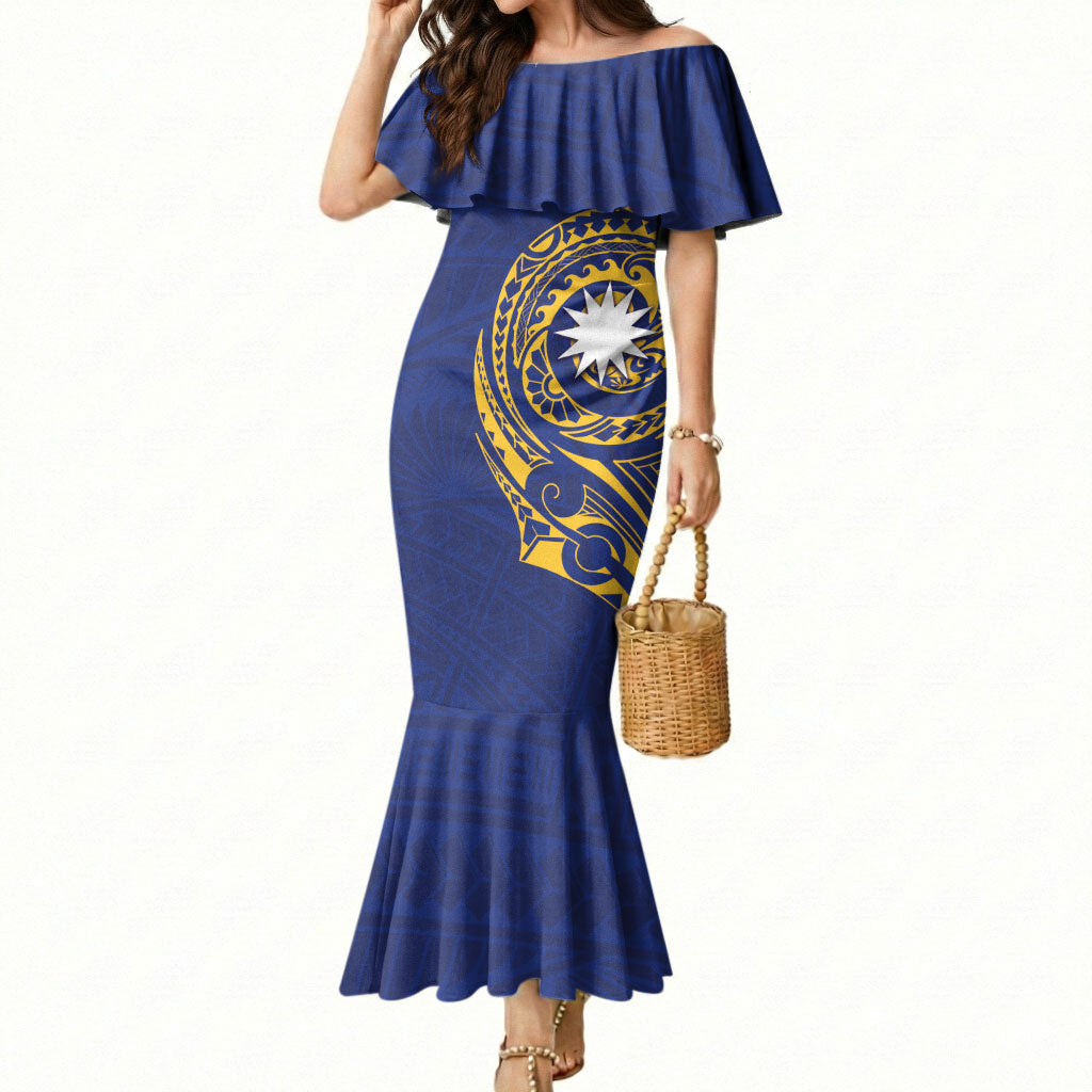 Personalised Nauru Angam Day Mermaid Dress Gold Navy Tribal Pattern