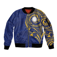 Personalised Nauru Angam Day Sleeve Zip Bomber Jacket Gold Navy Tribal Pattern