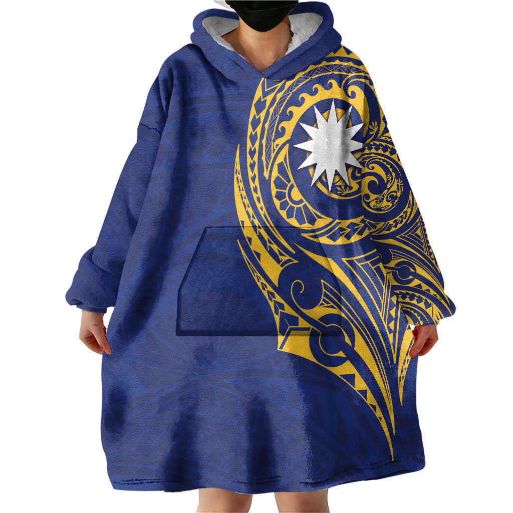 Personalised Nauru Angam Day Wearable Blanket Hoodie Gold Navy Tribal Pattern LT05 - Polynesian Pride