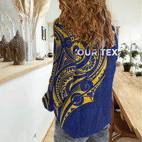 Personalised Nauru Angam Day Women Casual Shirt Gold Navy Tribal Pattern LT05 - Polynesian Pride