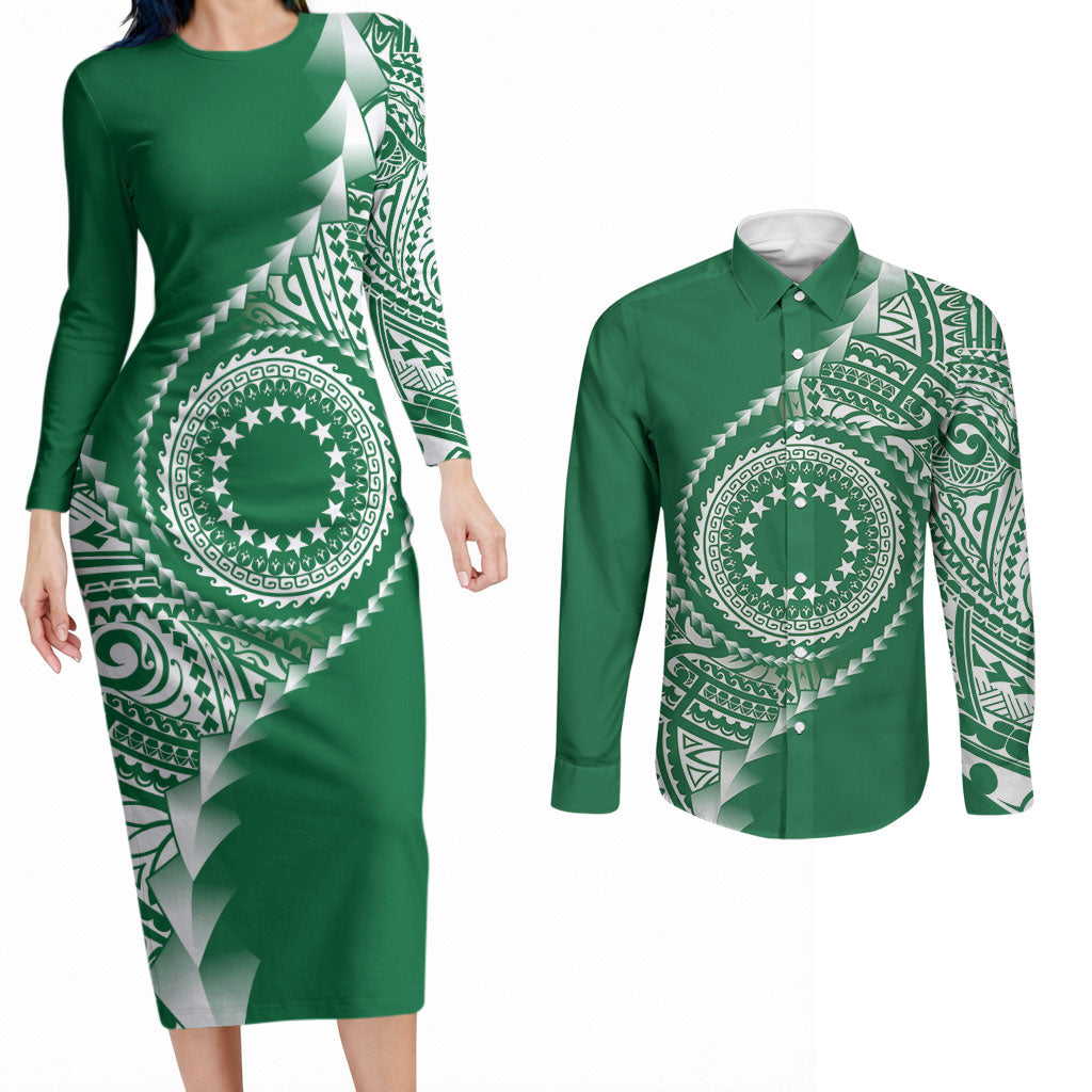 Cook Islands Gospel Day Couples Matching Long Sleeve Bodycon Dress and Long Sleeve Button Shirt Green Tribal Curves LT05 Green - Polynesian Pride