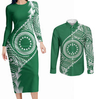 Cook Islands Gospel Day Couples Matching Long Sleeve Bodycon Dress and Long Sleeve Button Shirt Green Tribal Curves LT05 Green - Polynesian Pride