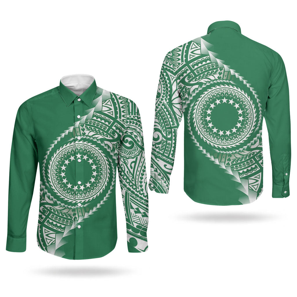 Cook Islands Gospel Day Couples Matching Long Sleeve Bodycon Dress and Long Sleeve Button Shirt Green Tribal Curves LT05 - Polynesian Pride