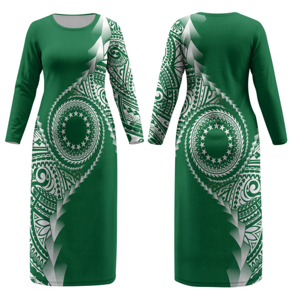 Cook Islands Gospel Day Couples Matching Long Sleeve Bodycon Dress and Long Sleeve Button Shirt Green Tribal Curves LT05 - Polynesian Pride