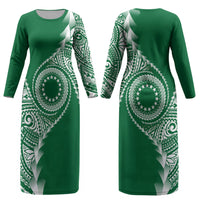 Cook Islands Gospel Day Couples Matching Long Sleeve Bodycon Dress and Long Sleeve Button Shirt Green Tribal Curves LT05 - Polynesian Pride