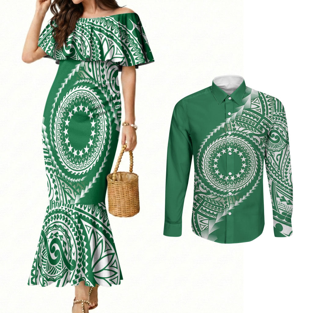 Cook Islands Gospel Day Couples Matching Mermaid Dress and Long Sleeve Button Shirt Green Tribal Curves LT05 Green - Polynesian Pride