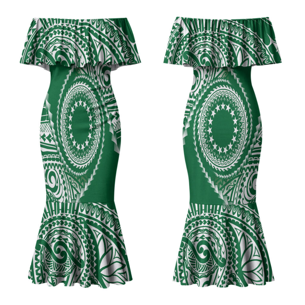 Cook Islands Gospel Day Couples Matching Mermaid Dress and Long Sleeve Button Shirt Green Tribal Curves LT05 - Polynesian Pride
