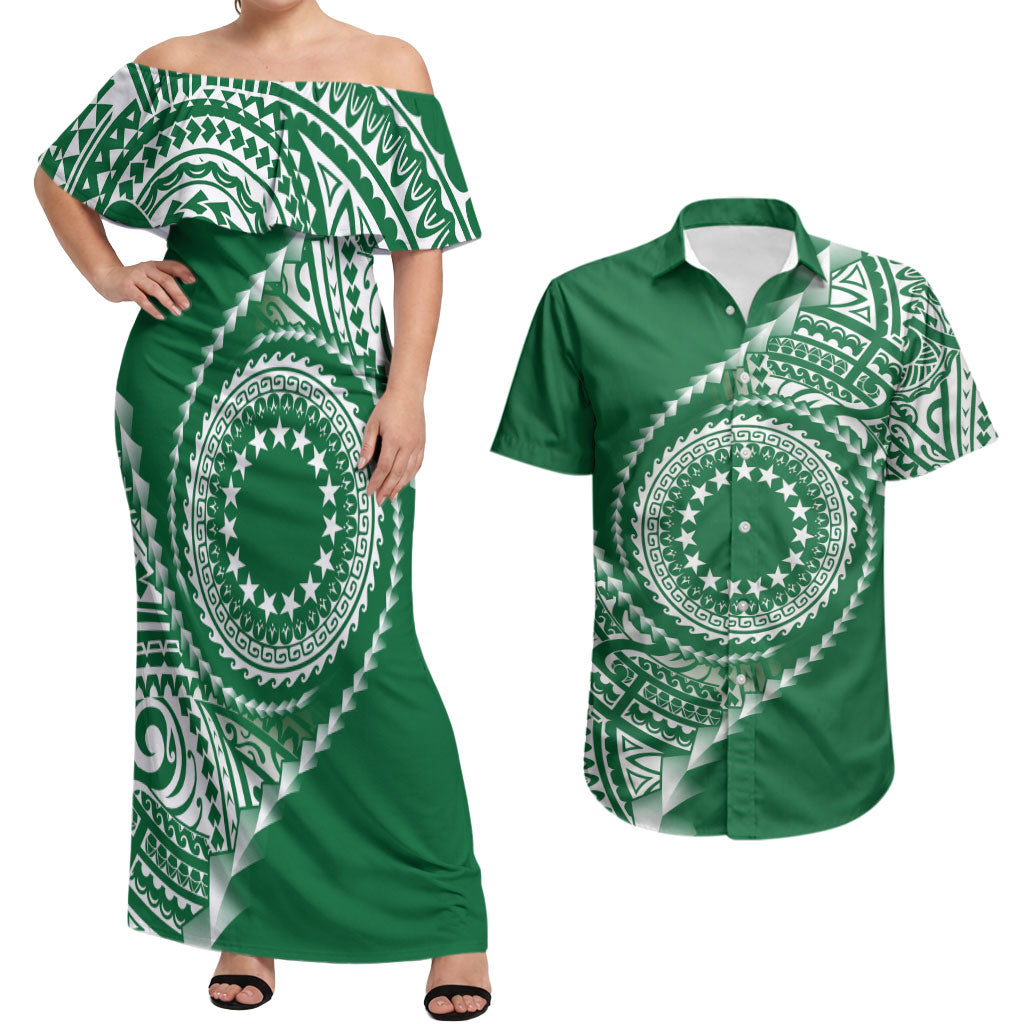 Cook Islands Gospel Day Couples Matching Off Shoulder Maxi Dress and Hawaiian Shirt Green Tribal Curves LT05 Green - Polynesian Pride