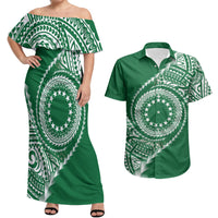 Cook Islands Gospel Day Couples Matching Off Shoulder Maxi Dress and Hawaiian Shirt Green Tribal Curves LT05 Green - Polynesian Pride