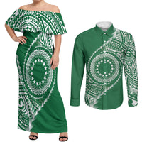 Cook Islands Gospel Day Couples Matching Off Shoulder Maxi Dress and Long Sleeve Button Shirt Green Tribal Curves LT05 Green - Polynesian Pride