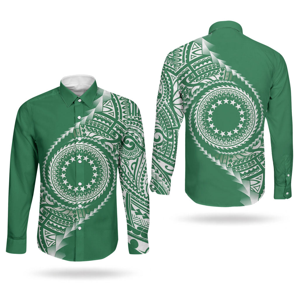 Cook Islands Gospel Day Couples Matching Off Shoulder Maxi Dress and Long Sleeve Button Shirt Green Tribal Curves LT05 - Polynesian Pride
