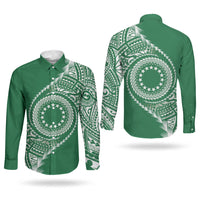 Cook Islands Gospel Day Couples Matching Off Shoulder Maxi Dress and Long Sleeve Button Shirt Green Tribal Curves LT05 - Polynesian Pride