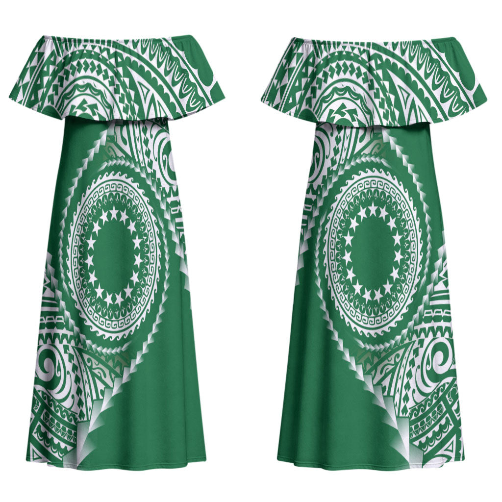Cook Islands Gospel Day Couples Matching Off Shoulder Maxi Dress and Long Sleeve Button Shirt Green Tribal Curves LT05 - Polynesian Pride