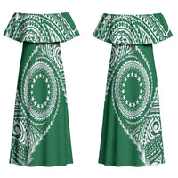 Cook Islands Gospel Day Couples Matching Off Shoulder Maxi Dress and Long Sleeve Button Shirt Green Tribal Curves LT05 - Polynesian Pride
