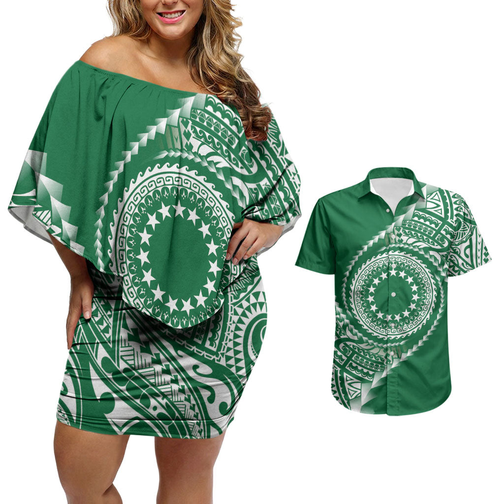 Cook Islands Gospel Day Couples Matching Off Shoulder Short Dress and Hawaiian Shirt Green Tribal Curves LT05 Green - Polynesian Pride