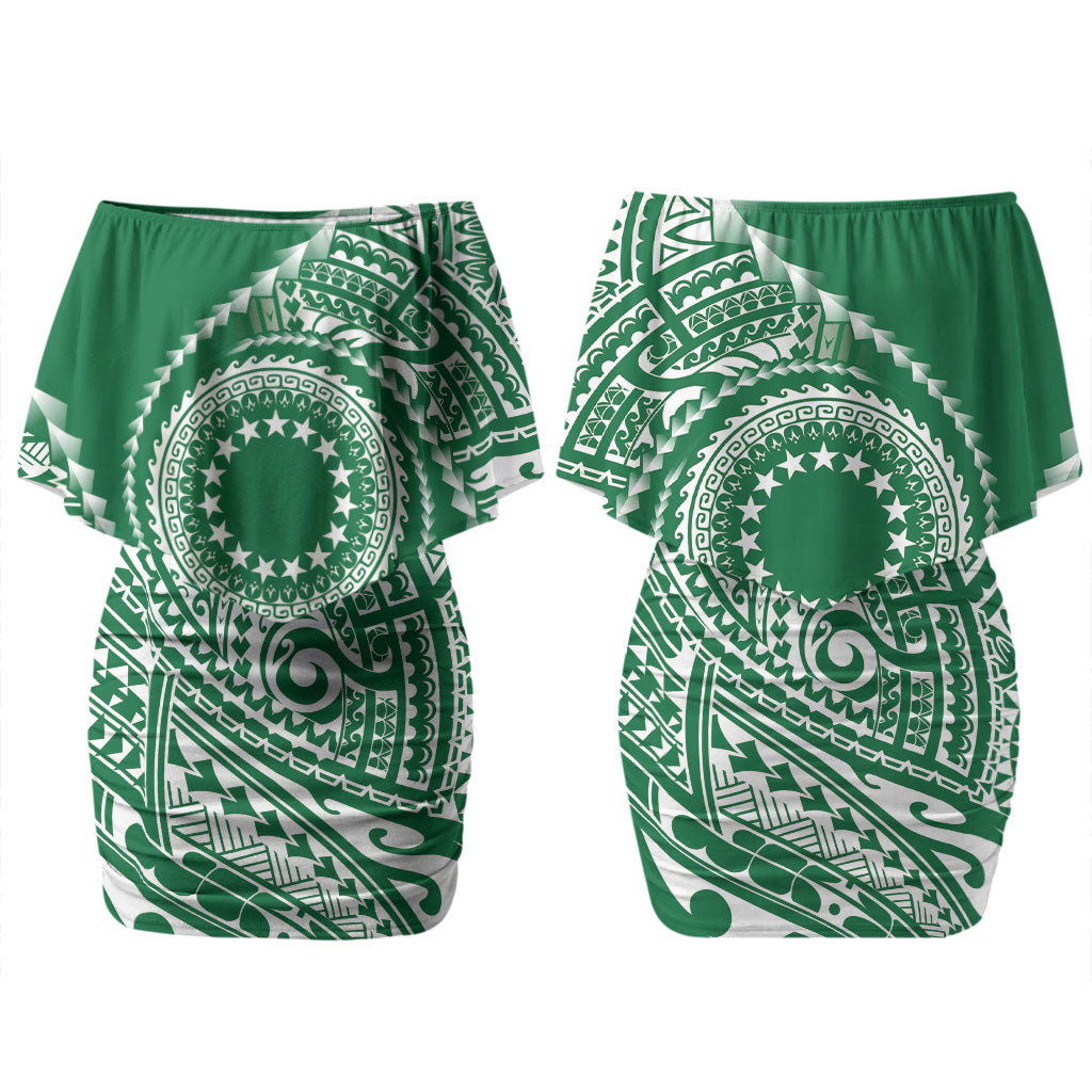 Cook Islands Gospel Day Couples Matching Off Shoulder Short Dress and Hawaiian Shirt Green Tribal Curves LT05 - Polynesian Pride