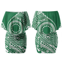 Cook Islands Gospel Day Couples Matching Off Shoulder Short Dress and Hawaiian Shirt Green Tribal Curves LT05 - Polynesian Pride