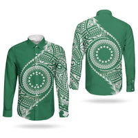 Cook Islands Gospel Day Couples Matching Off Shoulder Short Dress and Long Sleeve Button Shirt Green Tribal Curves LT05 - Polynesian Pride