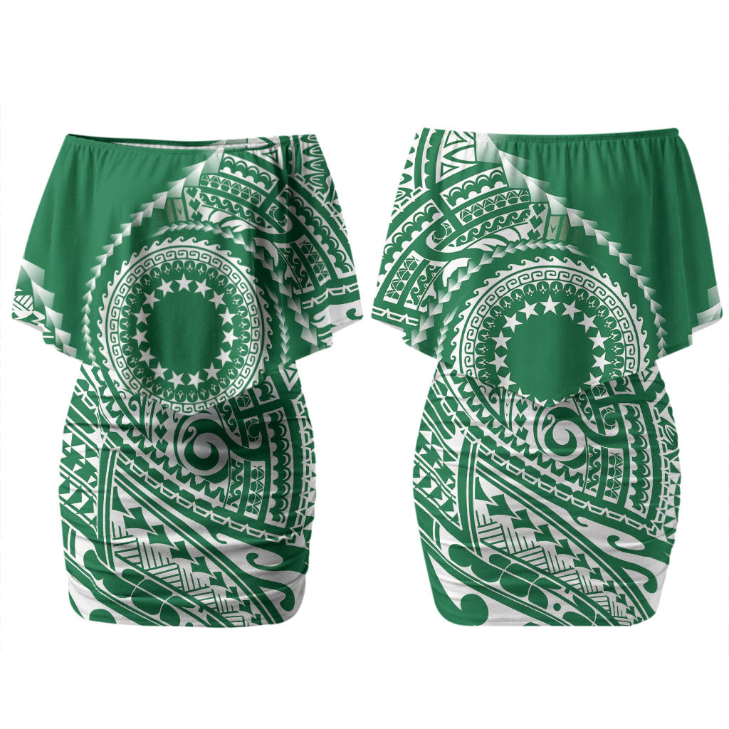Cook Islands Gospel Day Couples Matching Off Shoulder Short Dress and Long Sleeve Button Shirt Green Tribal Curves LT05 - Polynesian Pride