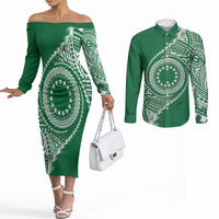 Cook Islands Gospel Day Couples Matching Off The Shoulder Long Sleeve Dress and Long Sleeve Button Shirt Green Tribal Curves LT05 Green - Polynesian Pride