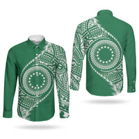 Cook Islands Gospel Day Couples Matching Off The Shoulder Long Sleeve Dress and Long Sleeve Button Shirt Green Tribal Curves LT05 - Polynesian Pride