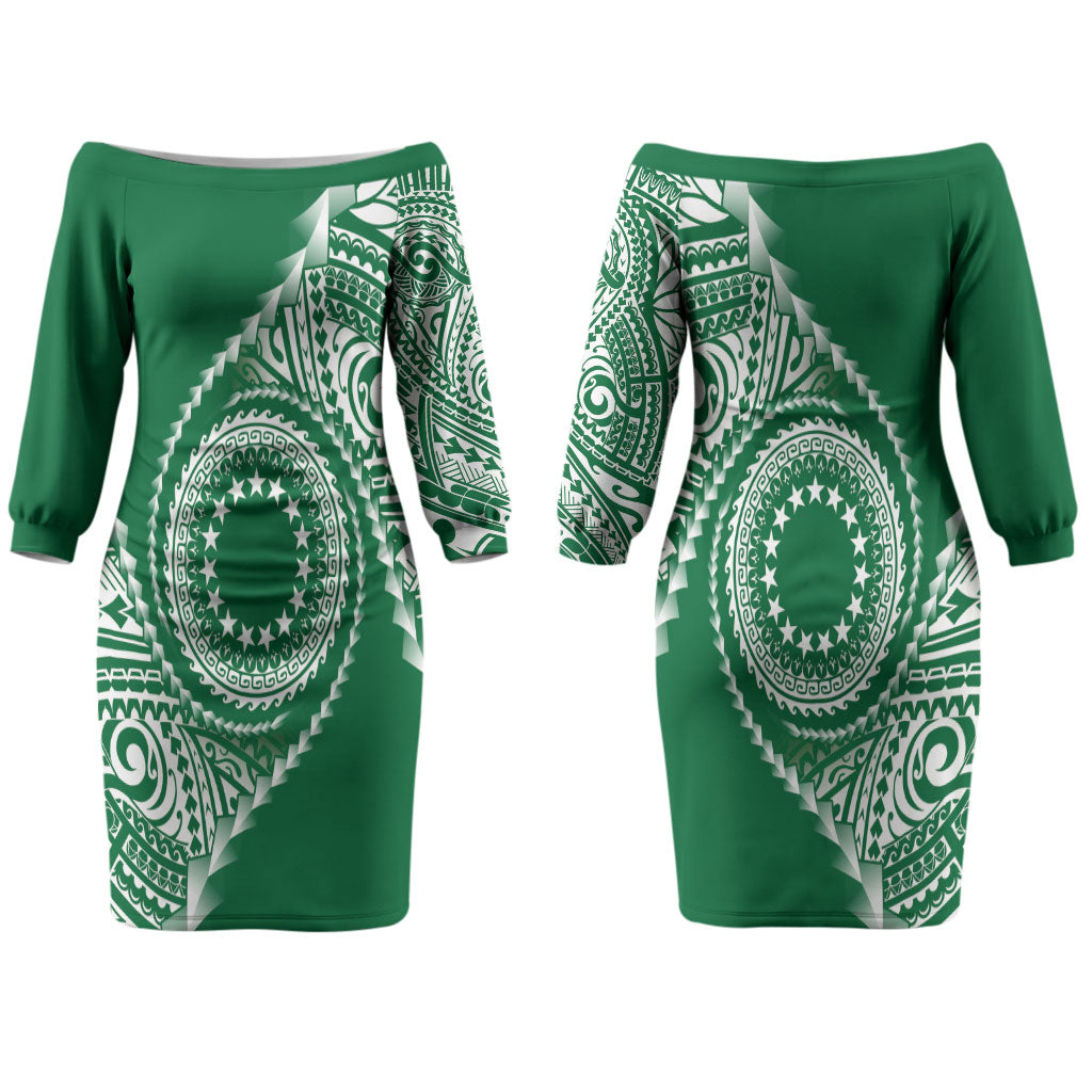 Cook Islands Gospel Day Couples Matching Off The Shoulder Long Sleeve Dress and Long Sleeve Button Shirt Green Tribal Curves LT05 - Polynesian Pride