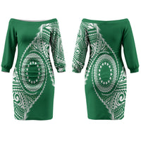 Cook Islands Gospel Day Couples Matching Off The Shoulder Long Sleeve Dress and Long Sleeve Button Shirt Green Tribal Curves LT05 - Polynesian Pride