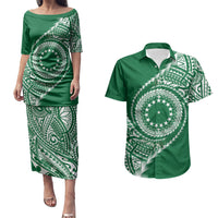 Cook Islands Gospel Day Couples Matching Puletasi and Hawaiian Shirt Green Tribal Curves LT05 Green - Polynesian Pride