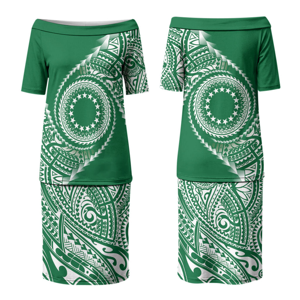 Cook Islands Gospel Day Couples Matching Puletasi and Hawaiian Shirt Green Tribal Curves LT05 - Polynesian Pride