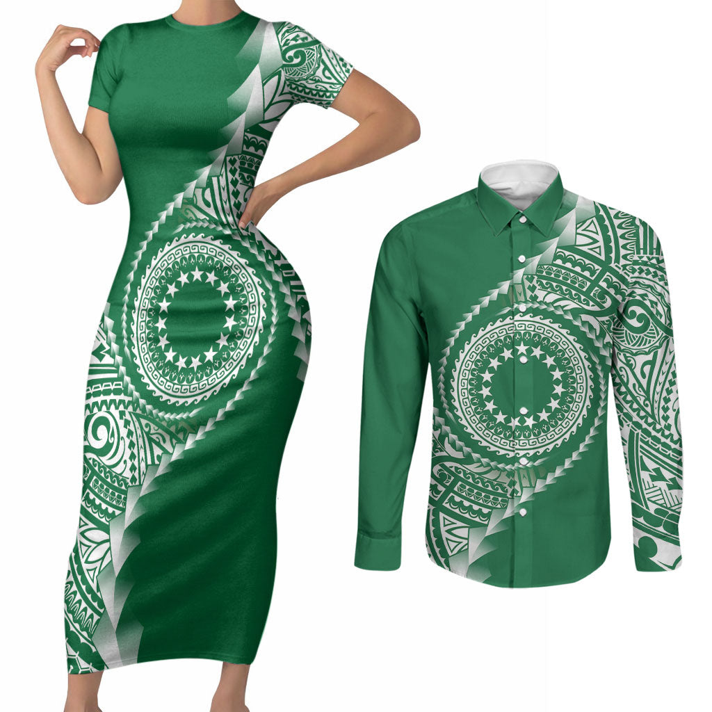 Cook Islands Gospel Day Couples Matching Short Sleeve Bodycon Dress and Long Sleeve Button Shirt Green Tribal Curves LT05 Green - Polynesian Pride