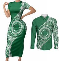 Cook Islands Gospel Day Couples Matching Short Sleeve Bodycon Dress and Long Sleeve Button Shirt Green Tribal Curves LT05 Green - Polynesian Pride