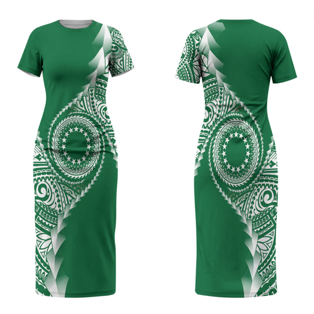 Cook Islands Gospel Day Couples Matching Short Sleeve Bodycon Dress and Long Sleeve Button Shirt Green Tribal Curves LT05 - Polynesian Pride