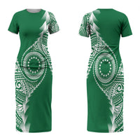 Cook Islands Gospel Day Couples Matching Short Sleeve Bodycon Dress and Long Sleeve Button Shirt Green Tribal Curves LT05 - Polynesian Pride