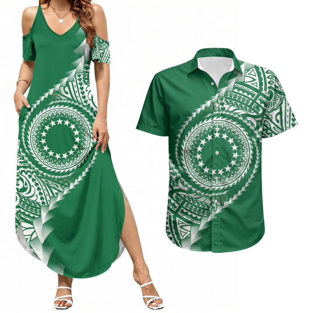 Cook Islands Gospel Day Couples Matching Summer Maxi Dress and Hawaiian Shirt Green Tribal Curves LT05 Green - Polynesian Pride