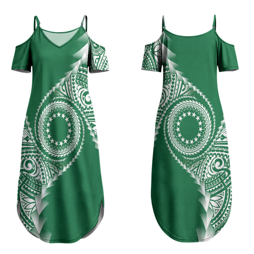 Cook Islands Gospel Day Couples Matching Summer Maxi Dress and Hawaiian Shirt Green Tribal Curves LT05 - Polynesian Pride