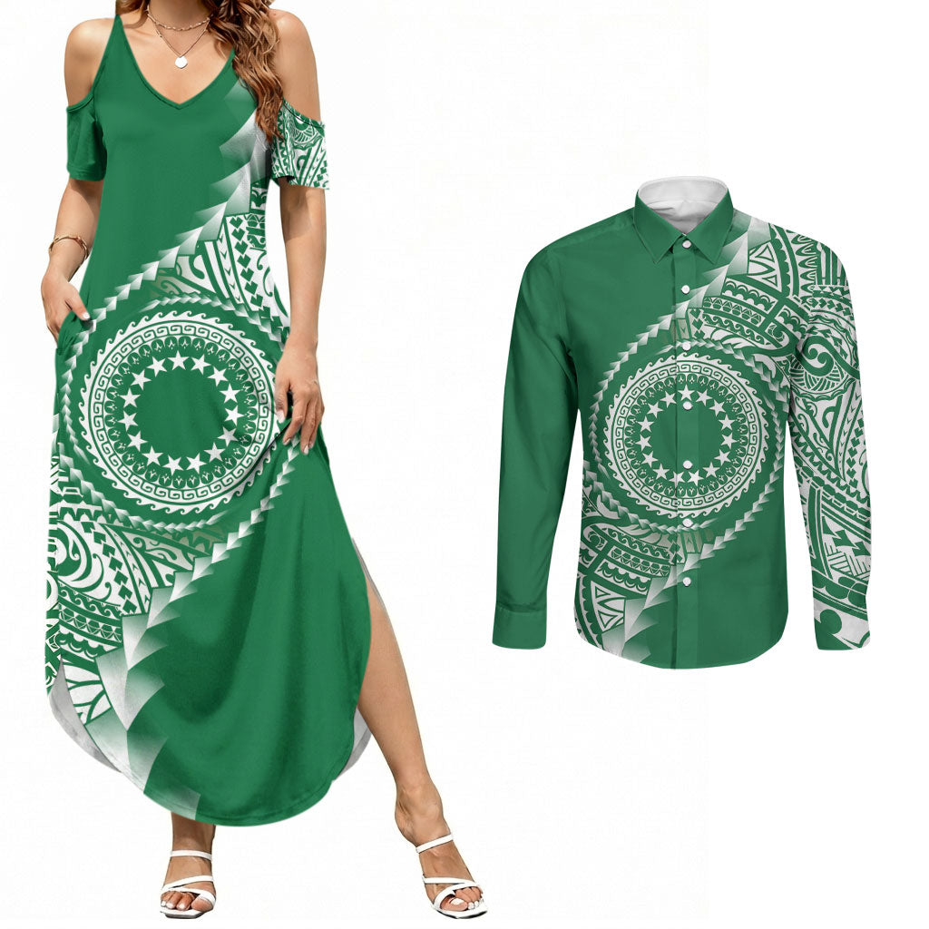 Cook Islands Gospel Day Couples Matching Summer Maxi Dress and Long Sleeve Button Shirt Green Tribal Curves LT05 Green - Polynesian Pride