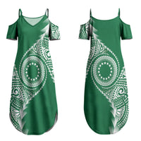 Cook Islands Gospel Day Couples Matching Summer Maxi Dress and Long Sleeve Button Shirt Green Tribal Curves LT05 - Polynesian Pride